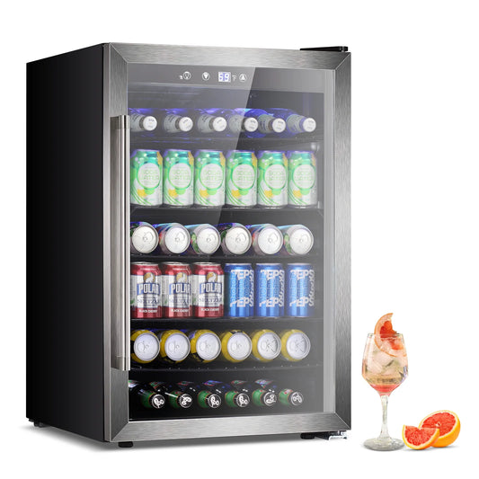 Auseo 4.5cu.ft Beverage Refrigerator Cooler - 145 Can Mini Fridge Glass Door for Soda Beer or Wine Drink Dispenser Clear Front for Home, Office or Bar, Black